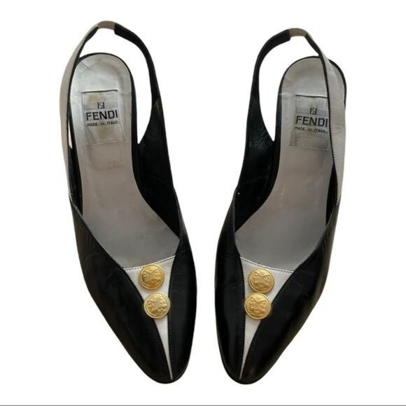 FENDI Vintage RARE Pumps Black White Leather Golden Medallions Size